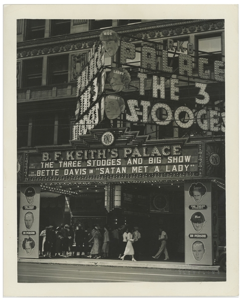 8 x 10 Glossy Photo of the RKO Place Theater in Cleveland, With The 3 Stooges Marquee, Promoting Their 1936 Stage Performance -- Very Good Condition